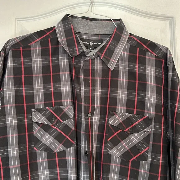 Beverly Hills Polo Club Black / Red / Grey Plaid Button Down Shirt XL - Picture 2 of 3